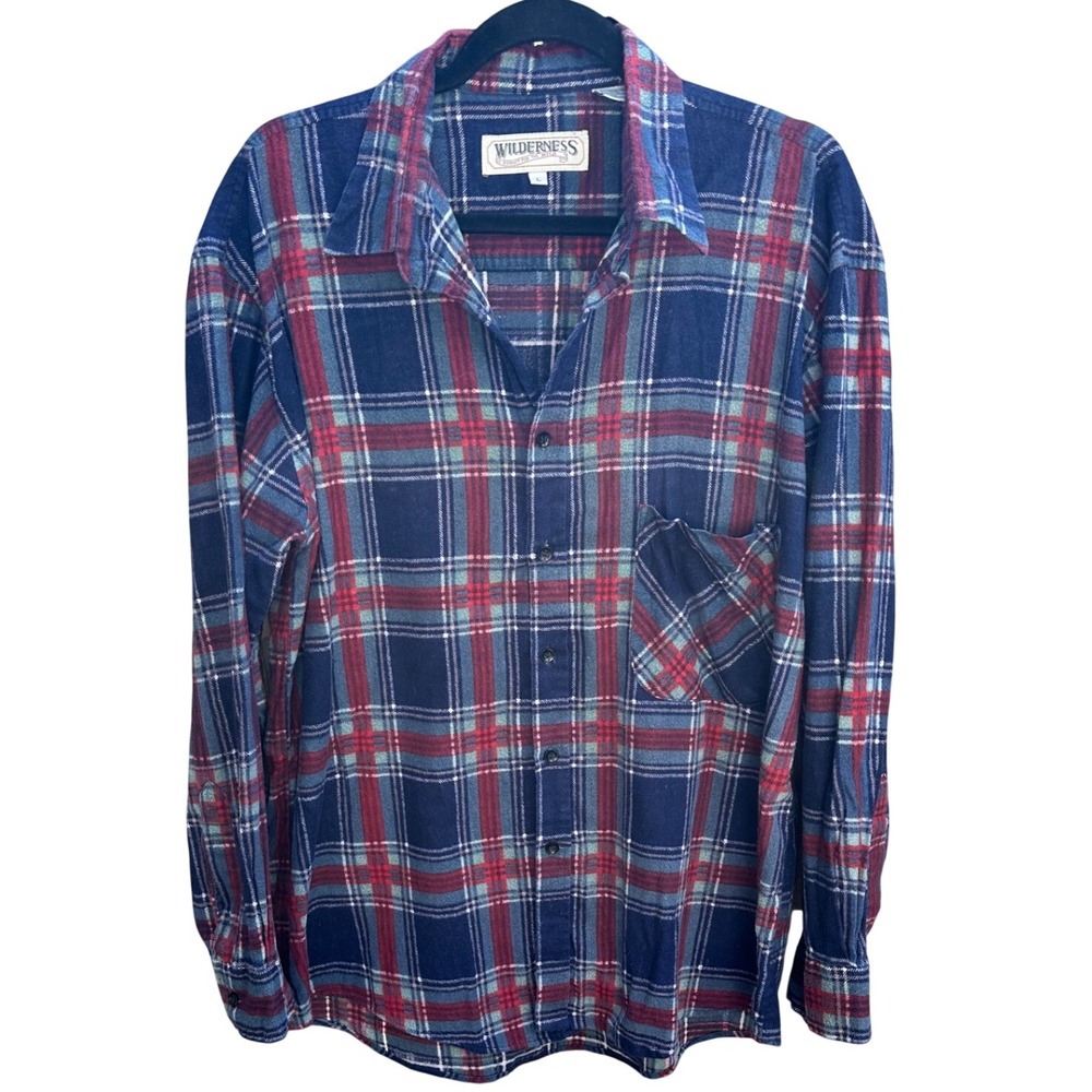 Vintage Wilderness Mens L Blue Red Plaid Flannel Button Down Shirt Ramie Cotton